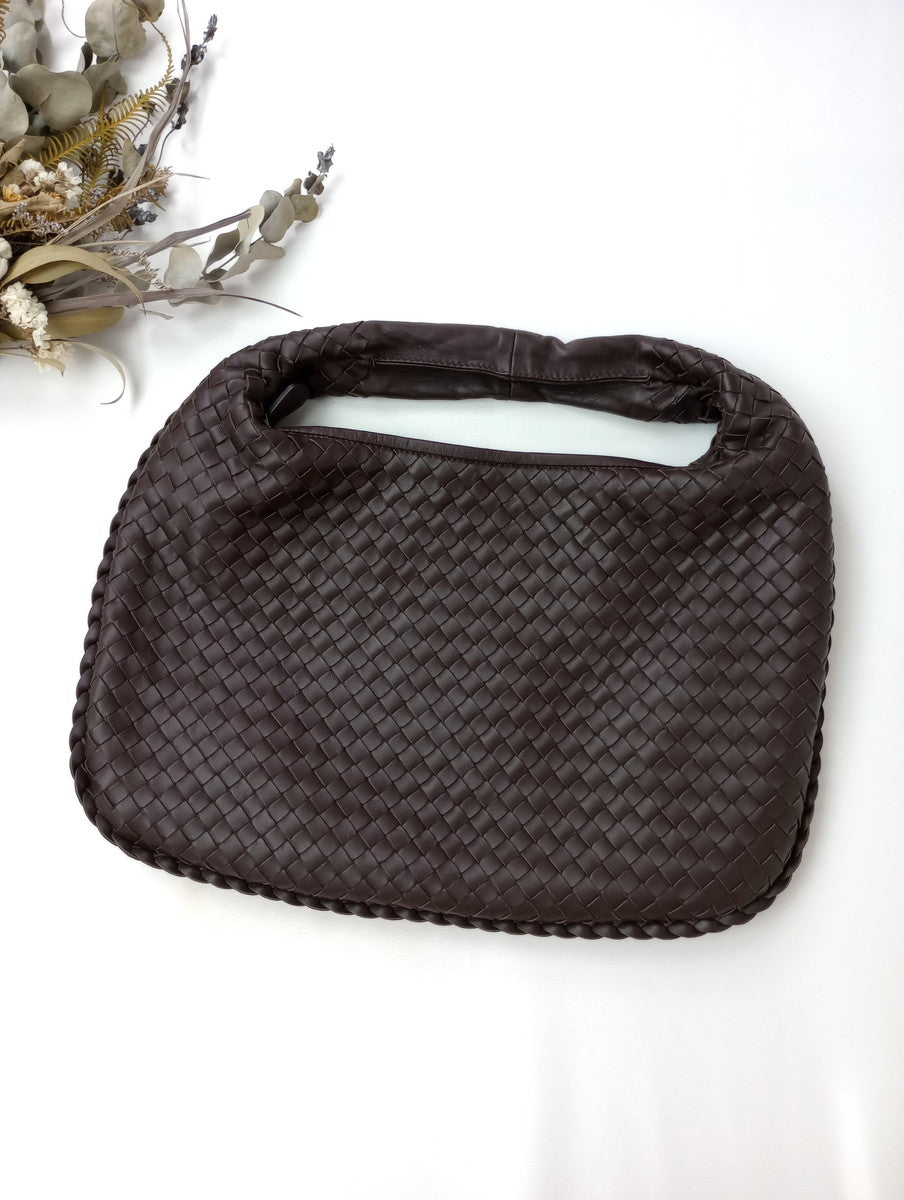 BOTTEGA VENETA ボッテガ・ヴェネタ イントレチャート レザー ホーボーバッグ ダークブラウン【中古】