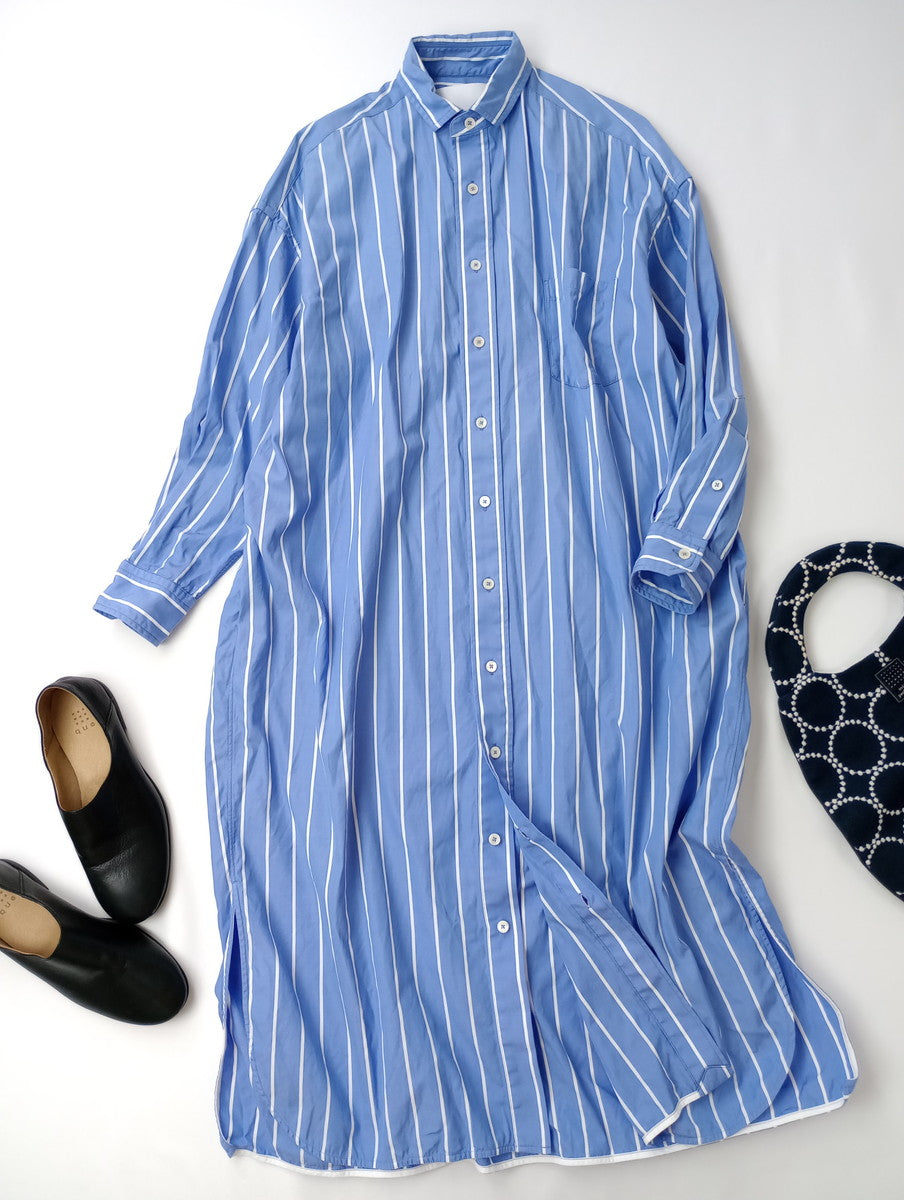 TICCA ティッカ スクエア ビッグ ロングシャツ ワンピースストライプ 青 白 【中古】