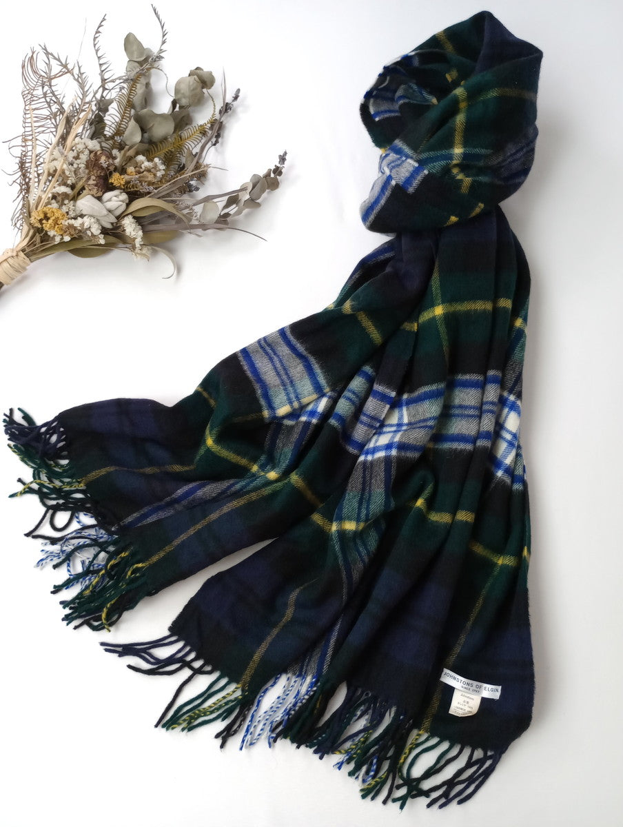 JOHNSTONS OF ELGIN ジョンストンズ カシミヤ 100％ チェック 柄 ストール グリーン フリンジ 【中古】