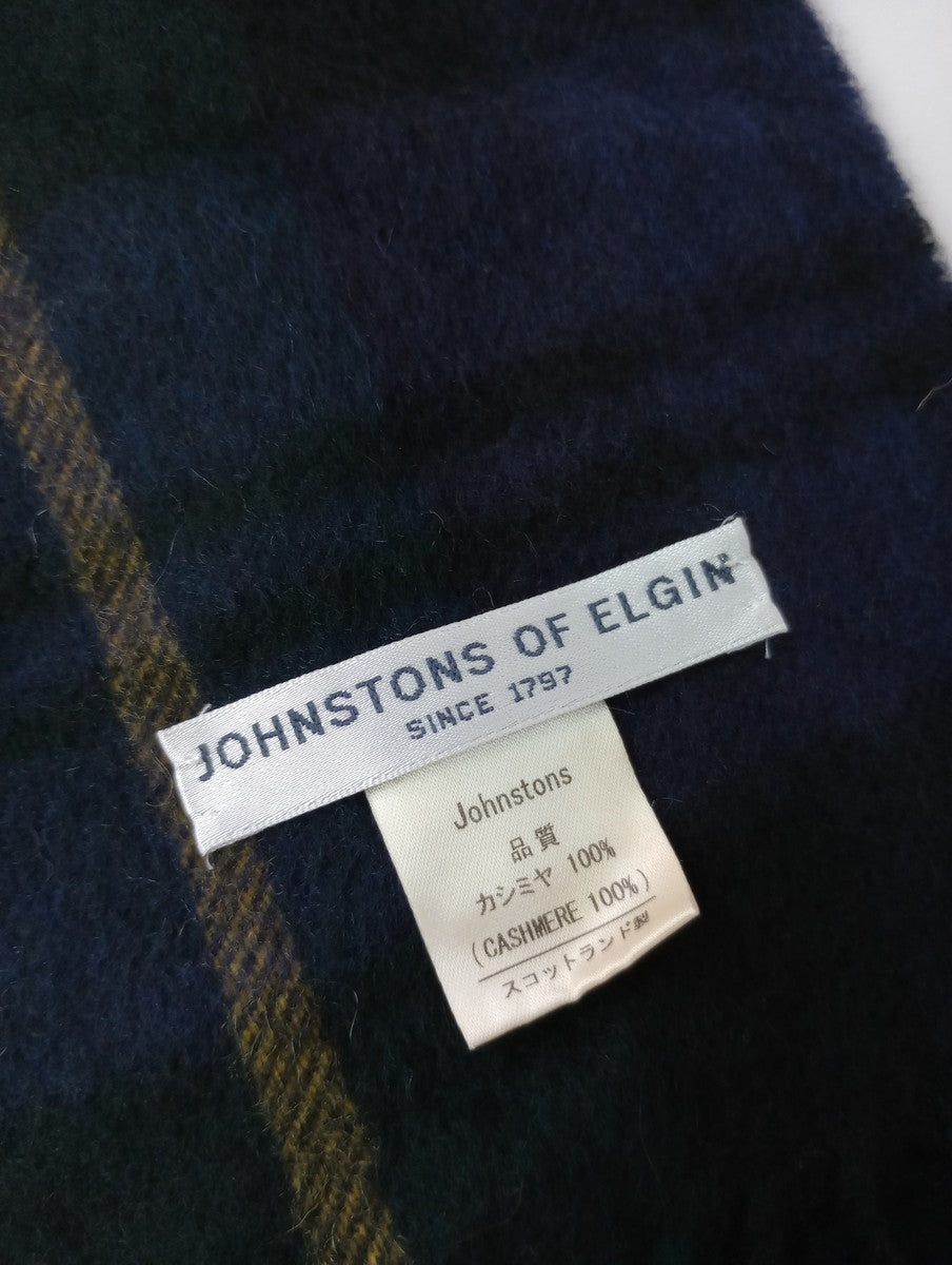 JOHNSTONS OF ELGIN ジョンストンズ カシミヤ 100％ チェック 柄 ストール グリーン フリンジ 【中古】