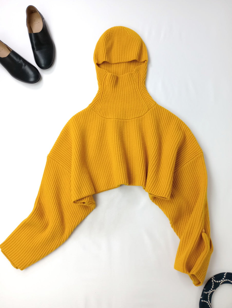 ENFOLD エンフォルド 4WAY CROPPED PULLOVER クロップド フード プルオーバー ニット 長袖 トップス マスタード イエロー 【中古】