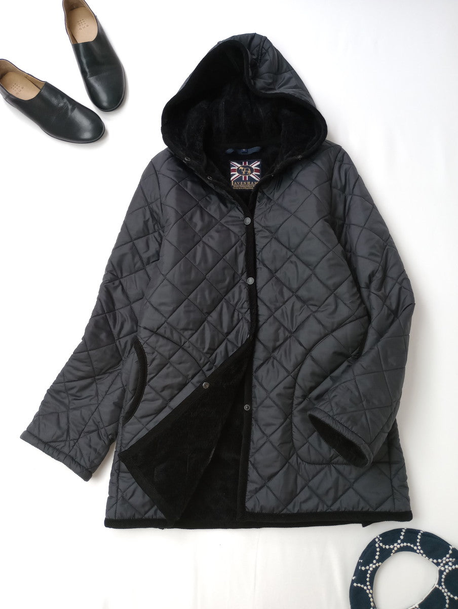 LAVENHAM ラベンハム キルティング フーデッドコート ジャケット 裏起毛 ボア 黒 ブラック 38  【中古】