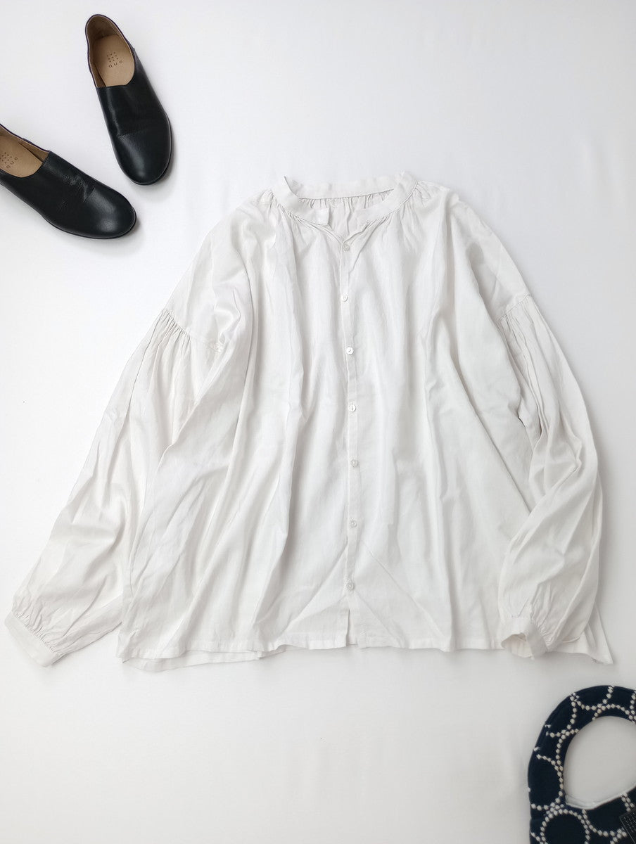 humoresque ユーモレスク gather blouse コットン シルク ギャザー ブラウス 長袖 シャツ トップス  白 【中古】