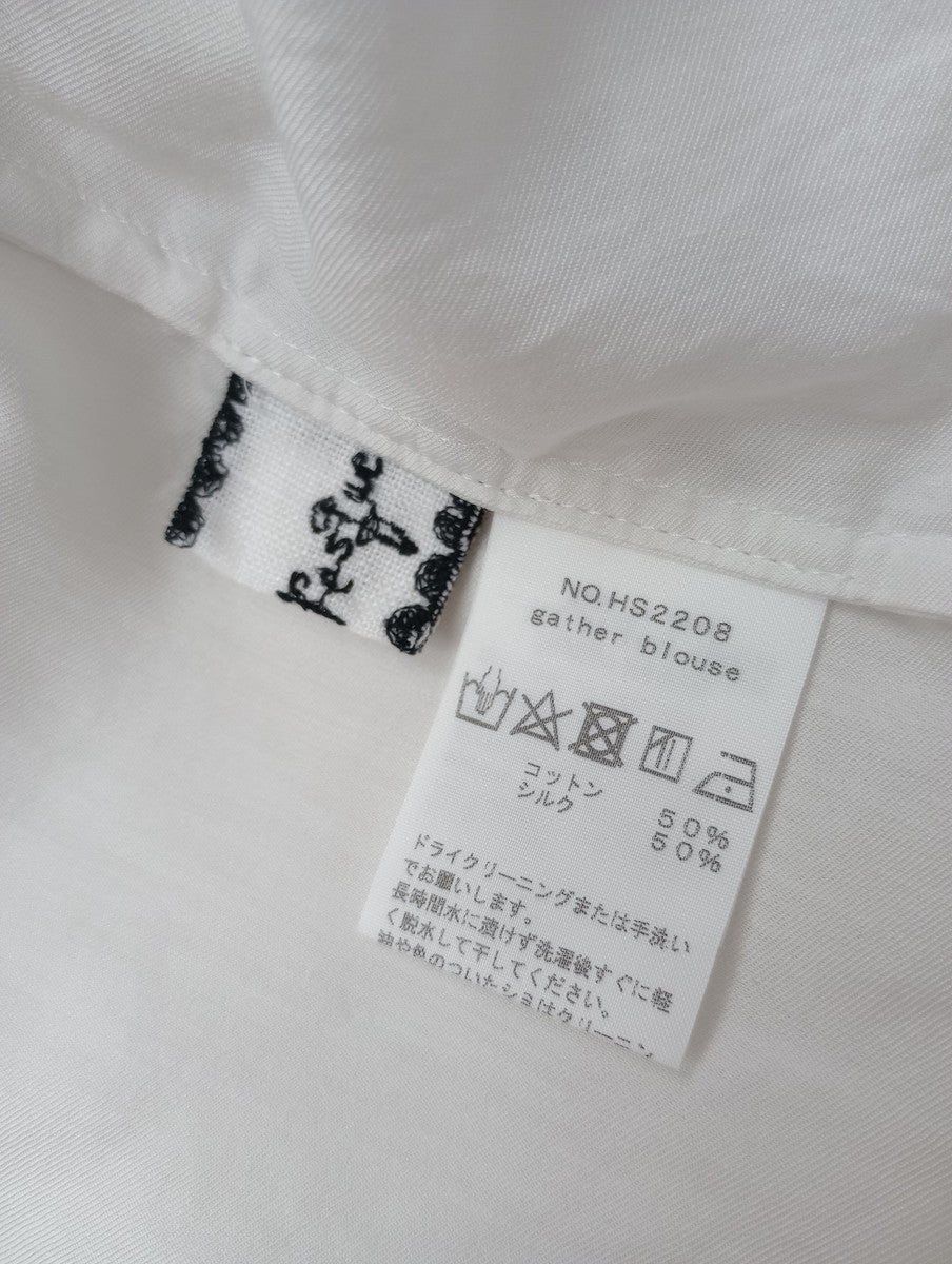 humoresque ユーモレスク gather blouse コットン シルク ギャザー ブラウス 長袖 シャツ トップス  白 【中古】