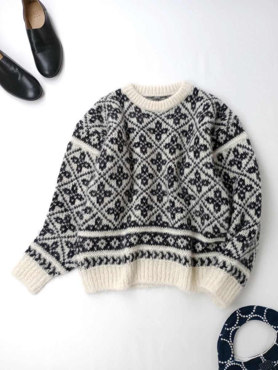 BATONER バトナー MOHAIR LATOVIAN CREW NECK クルーネック 長袖  ノルディック 柄 ニット トップス  白 黒 ブラック 1  【中古】