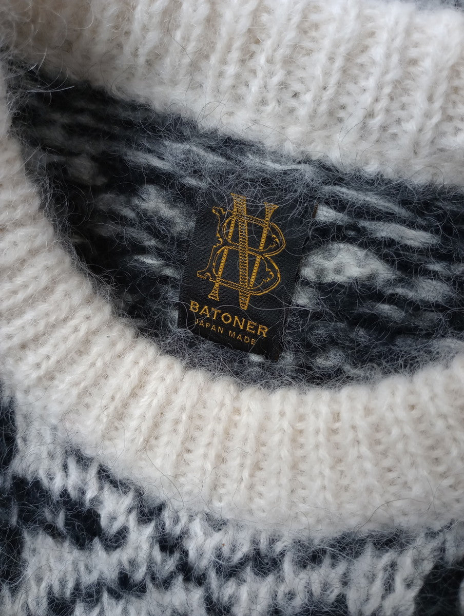 BATONER バトナー MOHAIR LATOVIAN CREW NECK クルーネック 長袖  ノルディック 柄 ニット トップス  白 黒 ブラック 1  【中古】