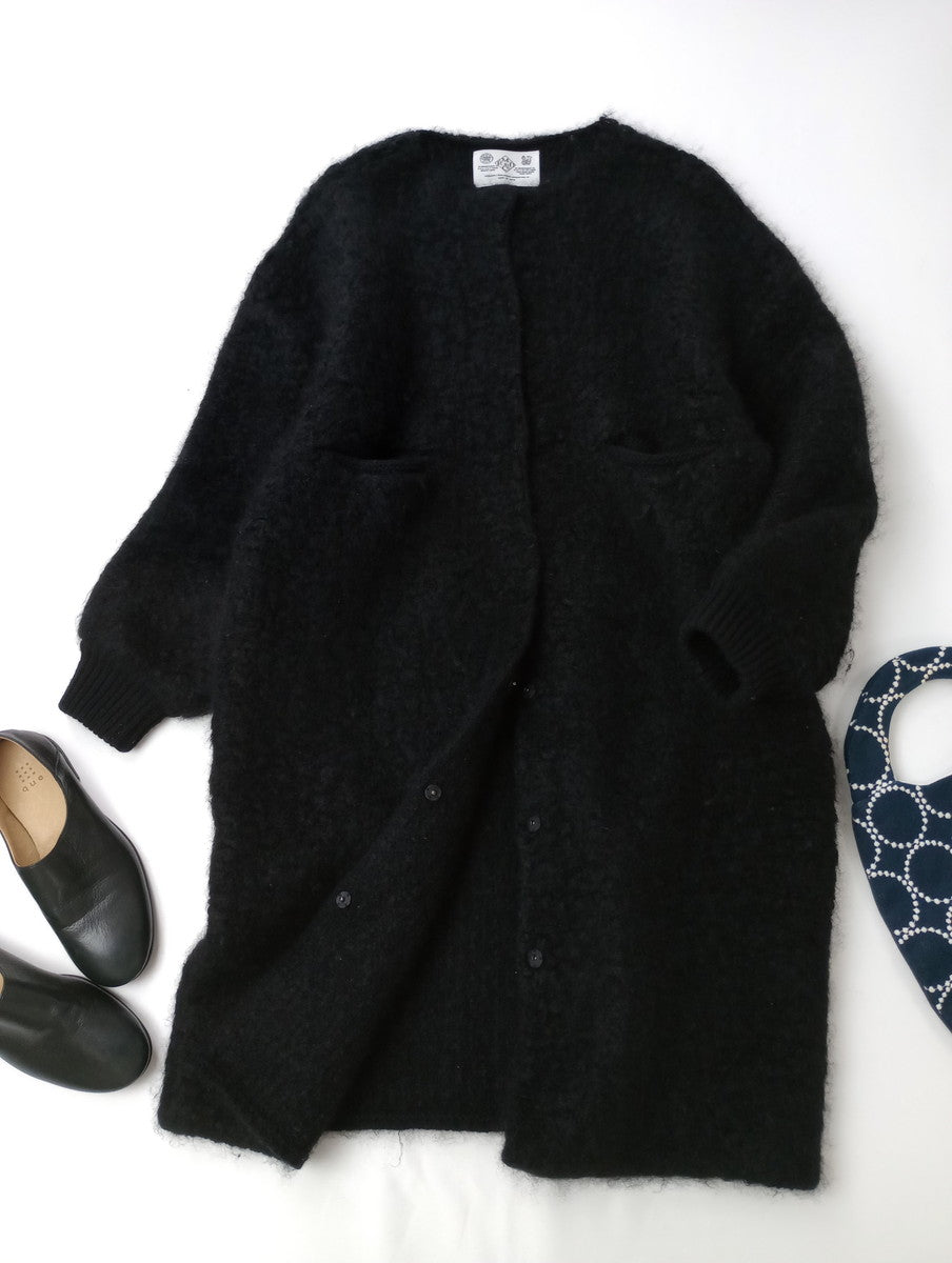 R&D.M.Co- オールドマンズテーラー KNIT BOA COAT モヘヤ ウール ニット ボア ノーカラー ロングコート 黒 ブラック  【中古】