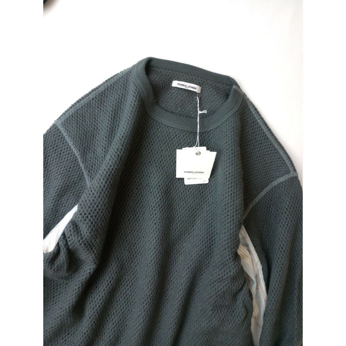 新品 FUMIKA UCHIDA フミカウチダ LONG-SLEEVE THERMAL 異素材切替 ニットセーター長袖 クルーネック ストライプメッシュ ウール グレー Ｌ