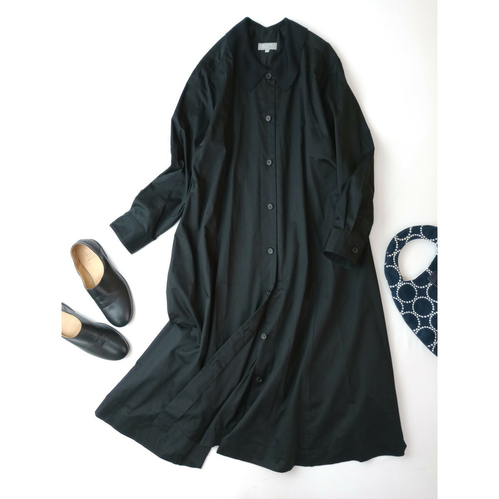 23SS MARGARET HOWELL マーガレットハウエル WASHED COTTON SATIN 襟 ロング 長袖 シャツ ワンピース 黒 ブラック 2【中古】