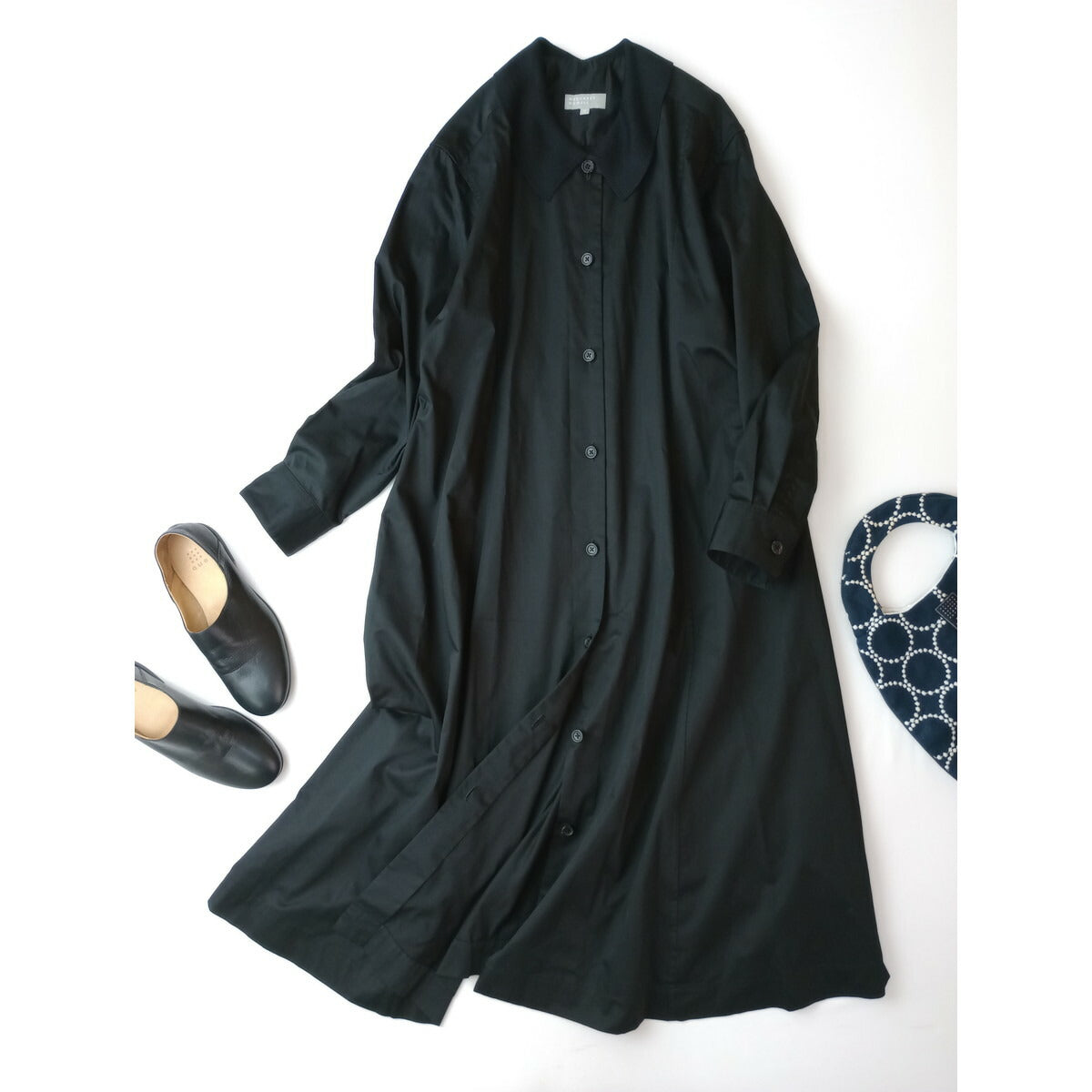 23SS MARGARET HOWELL マーガレットハウエル WASHED COTTON SATIN 襟 ロング 長袖 シャツ ワンピース 黒 ブラック 2【中古】