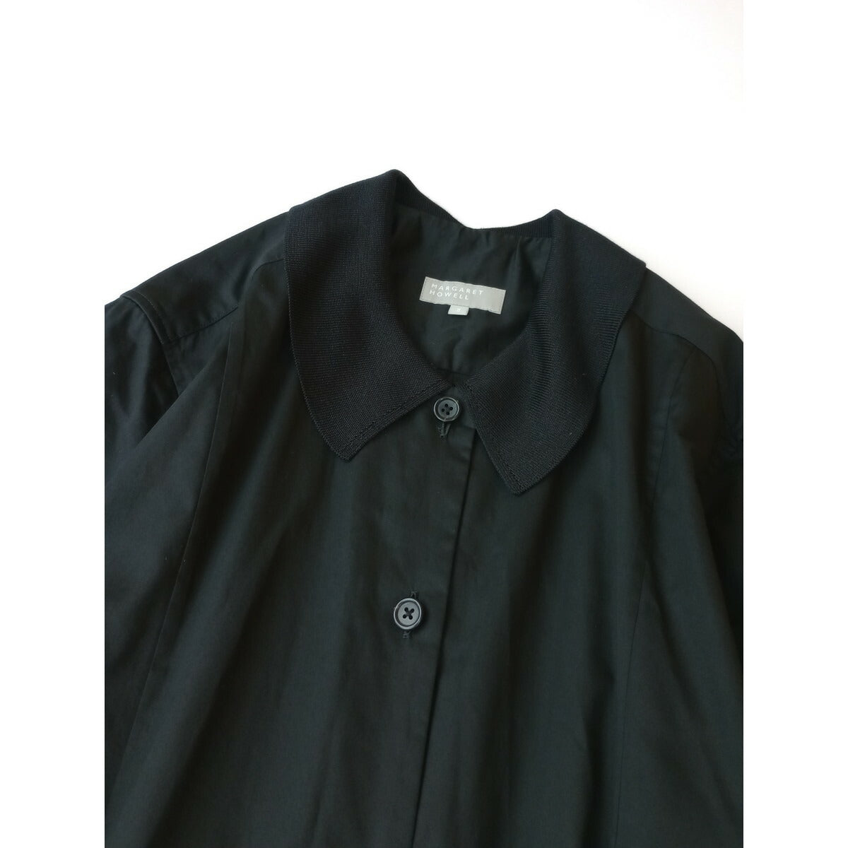 23SS MARGARET HOWELL マーガレットハウエル WASHED COTTON SATIN 襟 ロング 長袖 シャツ ワンピース 黒 ブラック 2【中古】