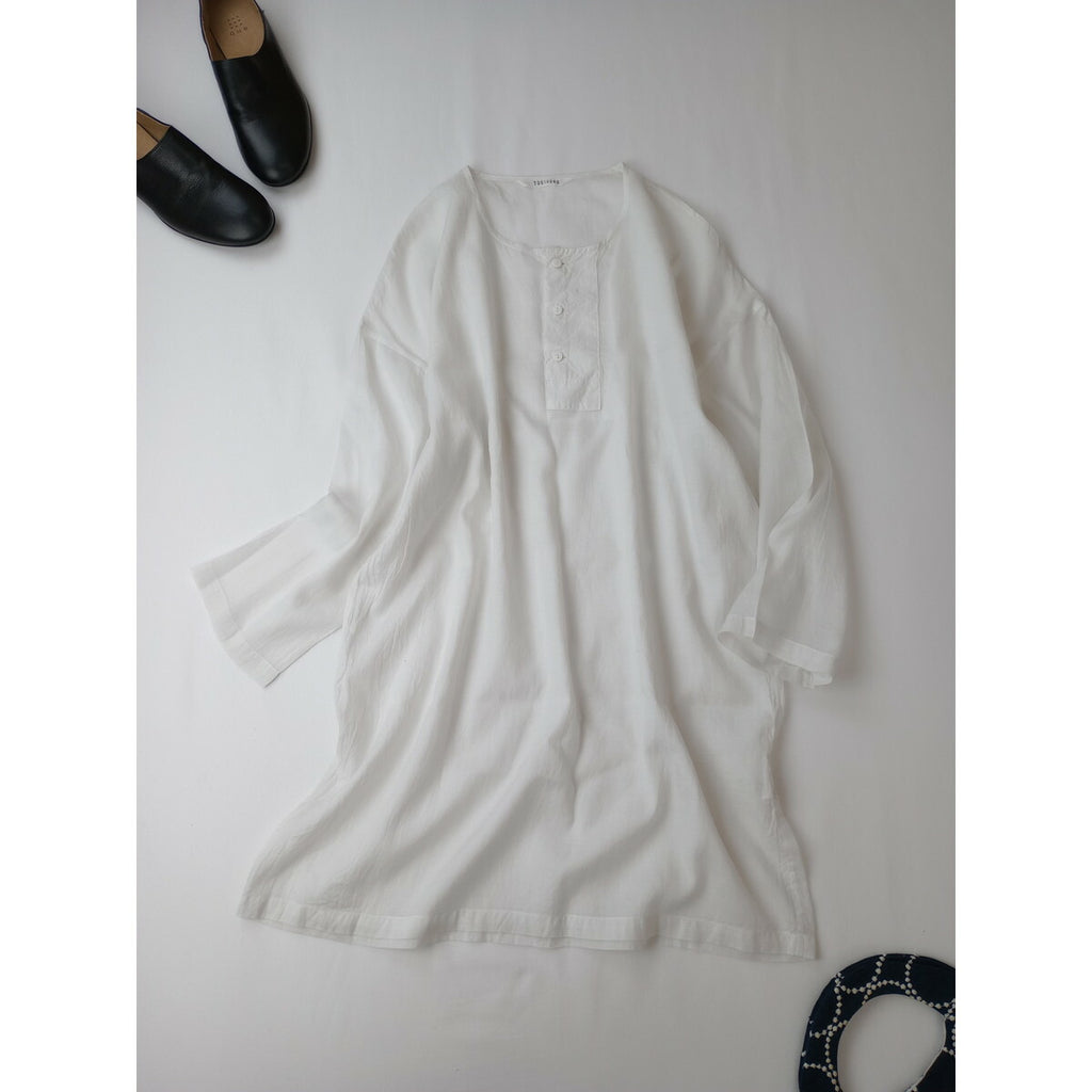 トゥジュー TOUJOURS ノーカラー シャツ チュニック トップス コットン シルク 白【中古】