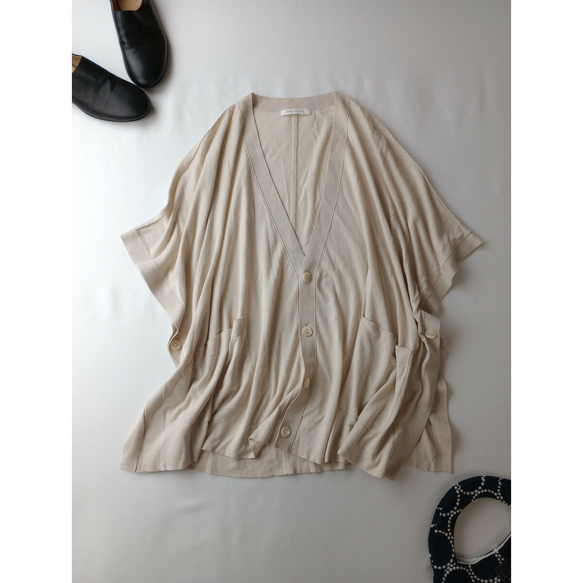 24SS GALERIE VIE ギャルリーヴィー クレープ コットン Vネック ニット カーディガン ライトべージュ F【中古】