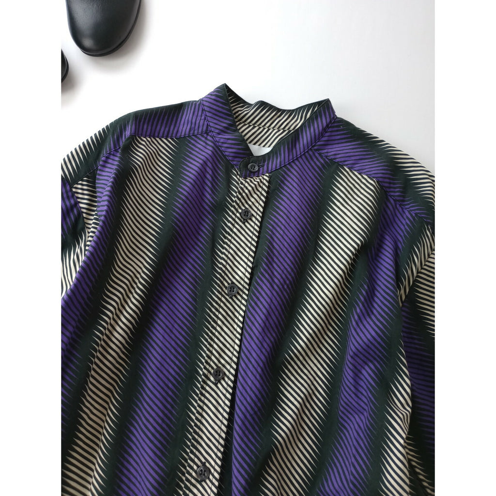 WAXMAN BROTHERS ワックスマン ブラザーズ イタリア製 Korean Over Shirt ストライプ オーバー シャツ ブラウス 長袖 パープル 白 黒 XS【中古】