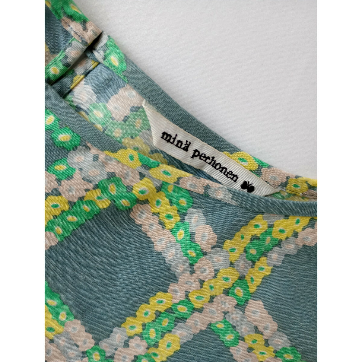 mina perhonen ミナペルホネン flower gate リネン レーヨン フレンチスリーブ ドレス ロング ワンピース グレー 38【中古】