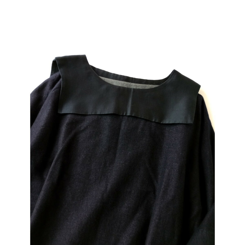 TOUJOURS トゥジューセーラーカラー カシミヤ シルク リネン ロングワンピース ネイビー F【中古】