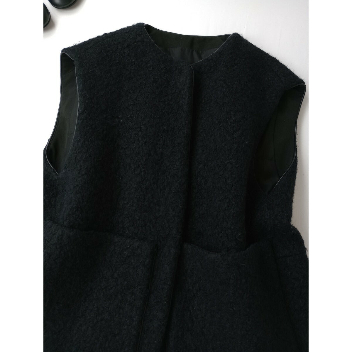 Drawer ドゥロワー PRE1 ウールアルパカナイロン ボア ジレ ベスト 黒 ブラック 36 (22M＋0494)【中古】