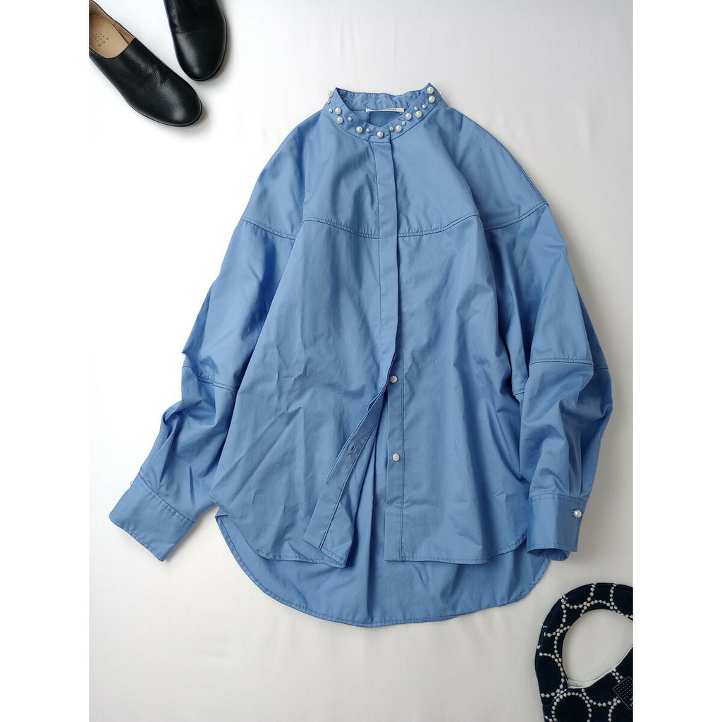 25SS HOUSE OF LOTUS ハウス オブ ロータス コットン サテン ランダム パール 長袖 シャツ ブルー M【中古】