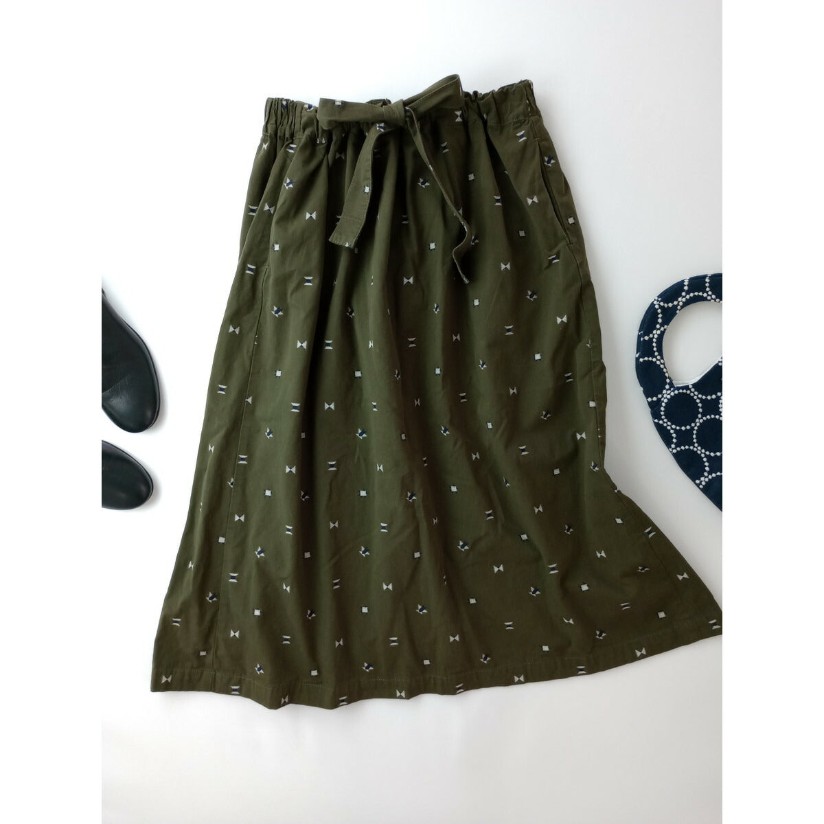 23SS homspun ホームスパン コットン 綿 100％ カット ジャガード　バッグ ギャザー ロング スカート カーキ M【中古】
