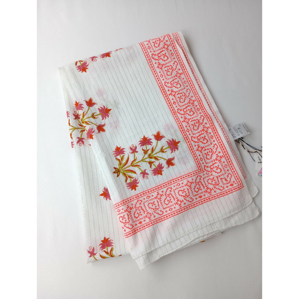 23SS 新品 SZ Blockprints エスゼット ブロック プリント フラワー プリント 花柄 コットン 綿 100％ 大判 ストール 白 リビングコーラル【中古】