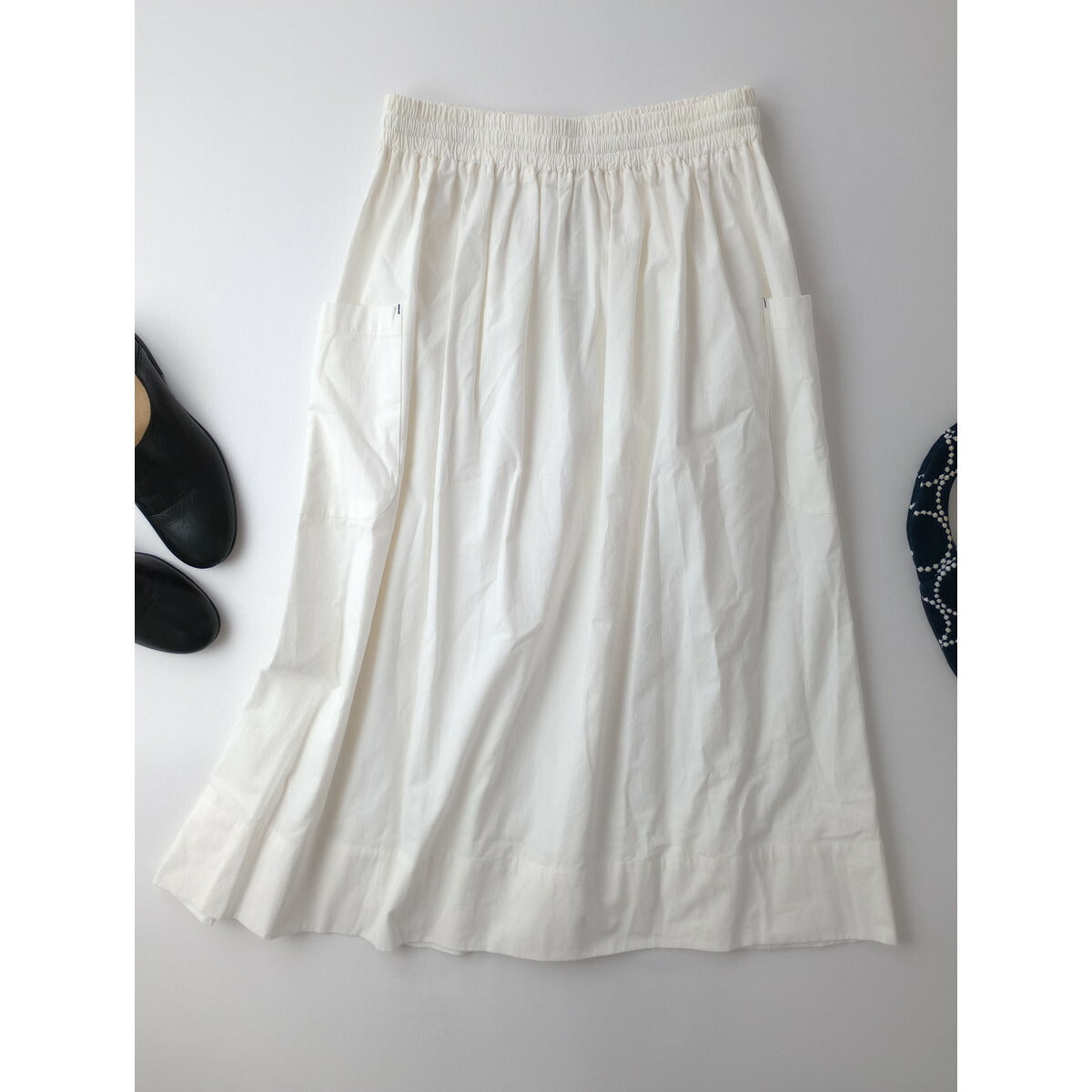 atelier naruse アトリエナルセ cotton patch pocket skirt コットン 綿 100％ パッチ ポケット ギャザー ロング スカート 白【中古】