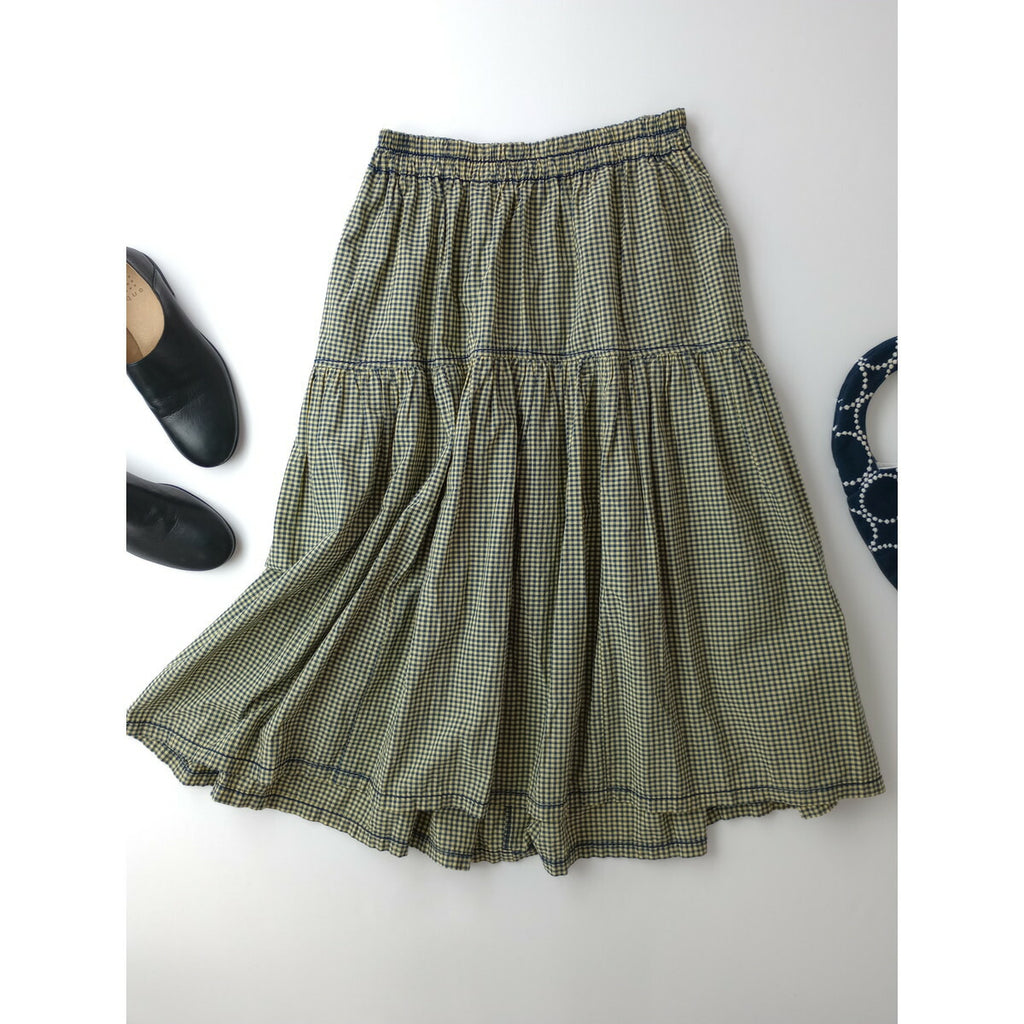 24SS homspun ホームスパン ハイカウント ギンガム チェック 柄 ロング スカート コットン 綿 100％ ネイビー 【中古】