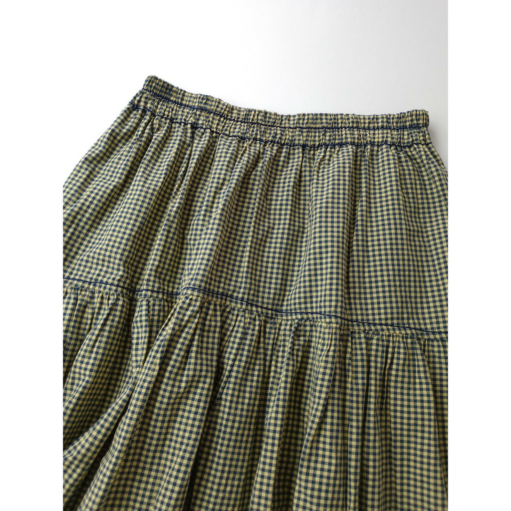 24SS homspun ホームスパン ハイカウント ギンガム チェック 柄 ロング スカート コットン 綿 100％ ネイビー 【中古】