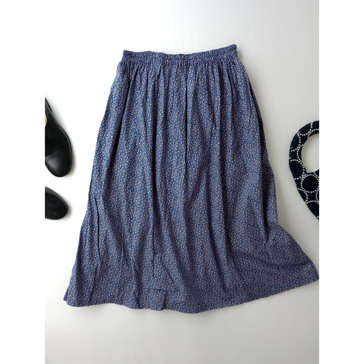 23SS ホームスパン homspun キャラコ コットン 綿 100％ 小花 プリント ギャザー ロング スカート ネイビー S【中古】