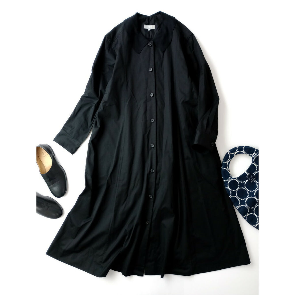 MARGARET HOWELL マーガレットハウエル WASHED COTTON SATIN コットン 綿 100％ 襟 ロング 長袖 シャツ ワンピース 黒 ブラック 2【中古】