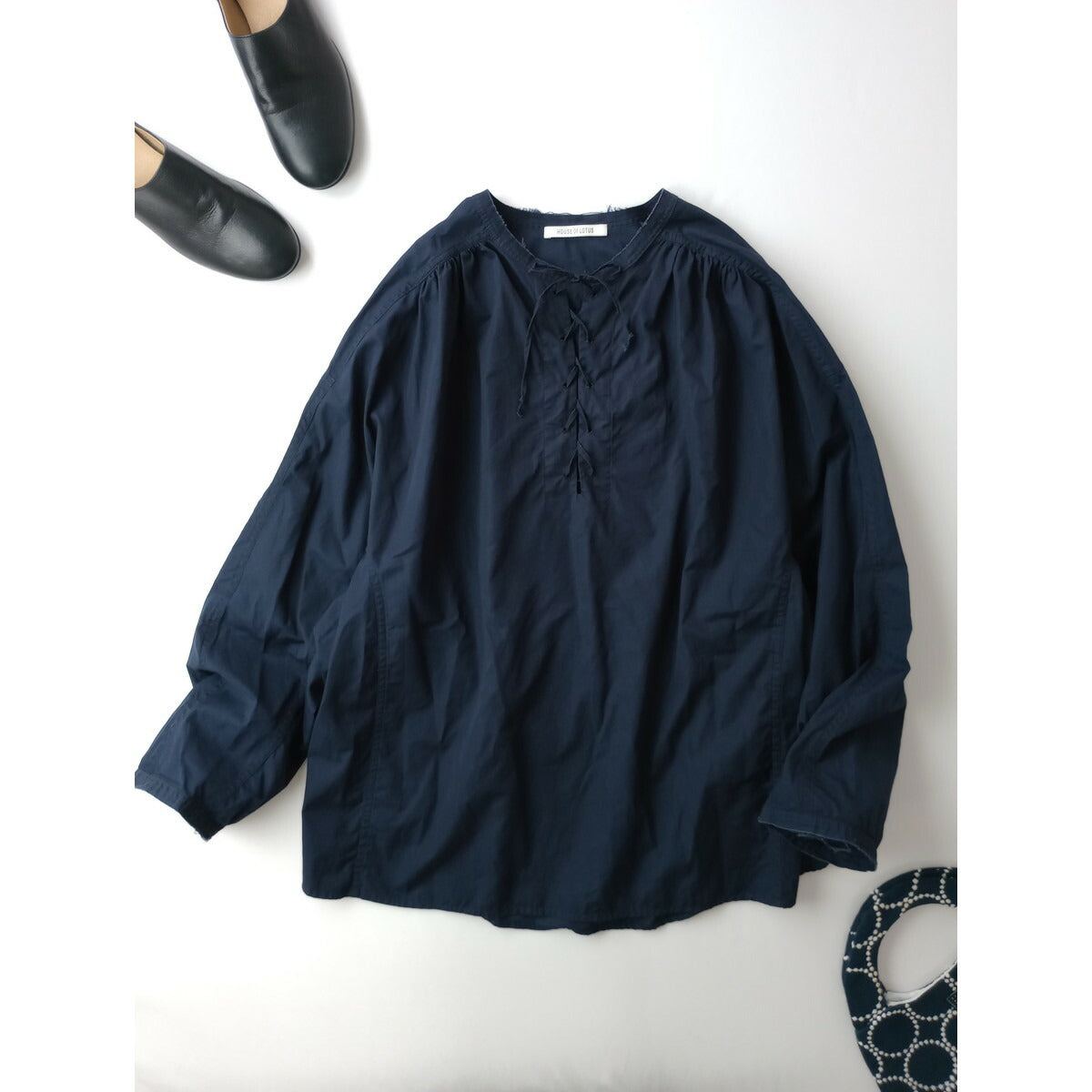 24AW HOUSE OF LOTUS ハウス オブ ロータス ピマ コットン 綿 100％ レースアップ ブラウス 長袖 トップス ネイビー M【中古】