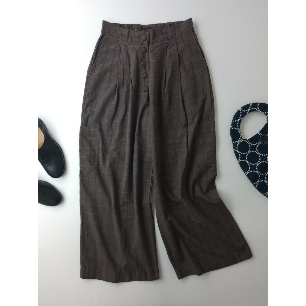 BUNON ブノン Pocket Wide Pants コットン 綿 100％ ポケット ワイド パンツ ダーク ブラウン チェック L 【中古】