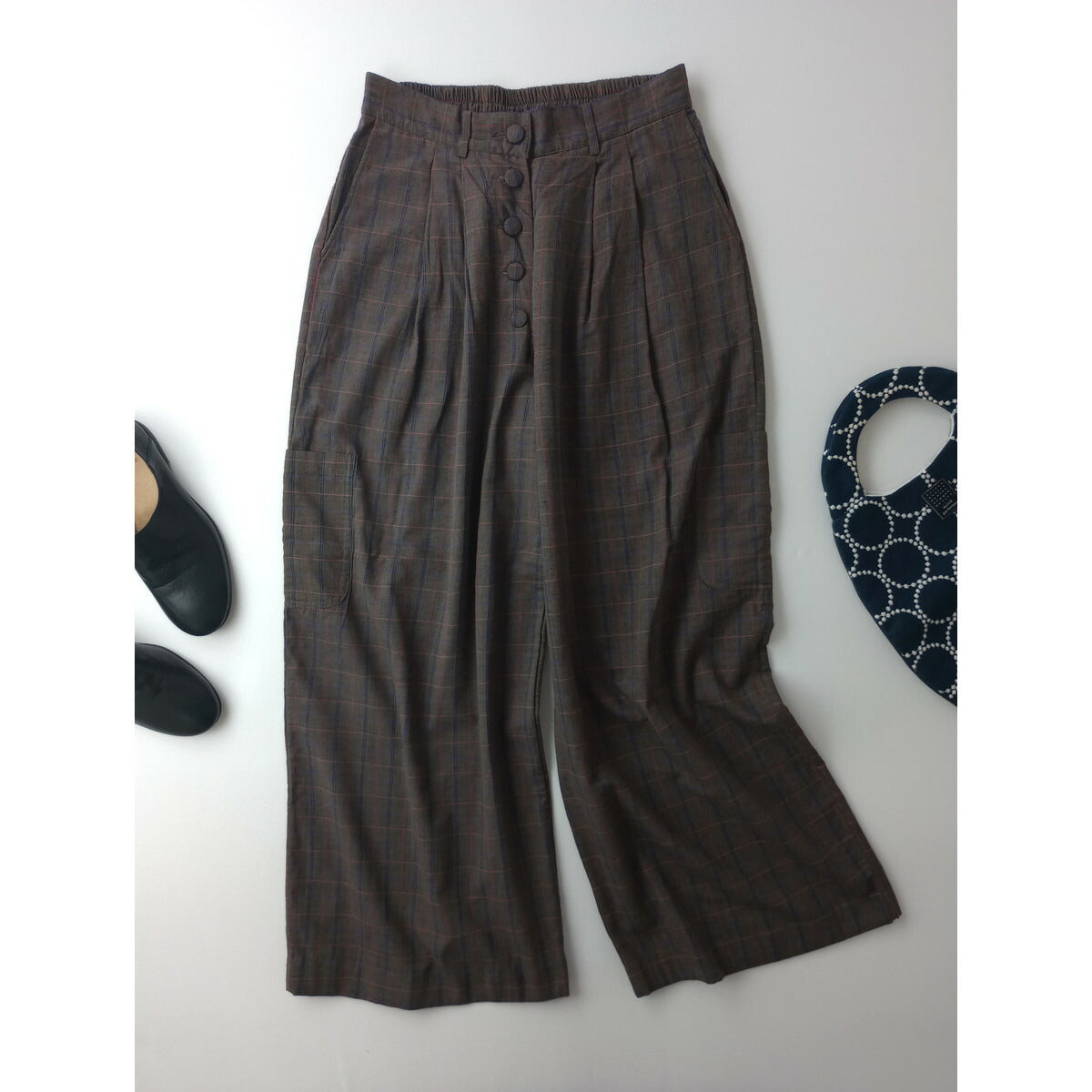 BUNON ブノン Pocket Wide Pants コットン 綿 100％ ポケット ワイド パンツ ダーク ブラウン チェック L 【中古】