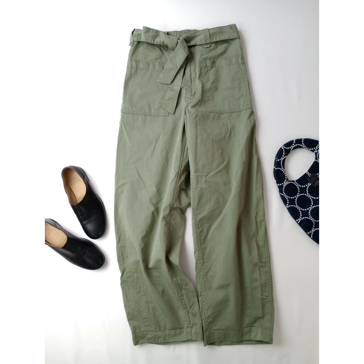 Drawer ドゥロワー シルク ギャバジン ベルト ワイド パンツ カーキ 36【中古】