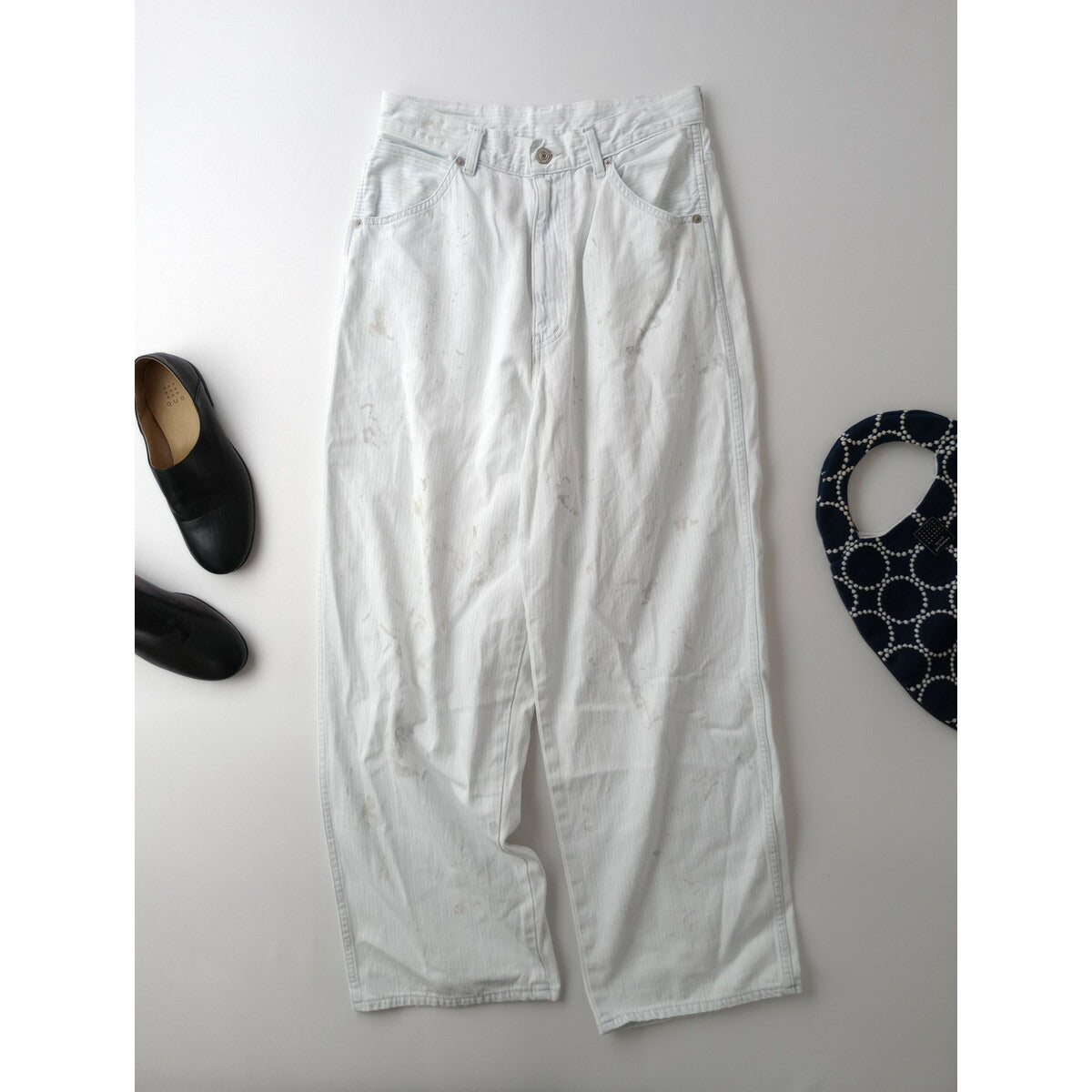 JOHNBULL ジョンブル 【DENIM DELIGHT DAYS】コットン 100％ デニム ストライプ ペインターパンツ ヴィンテージ加工 ライトブルー 白 28【中古】