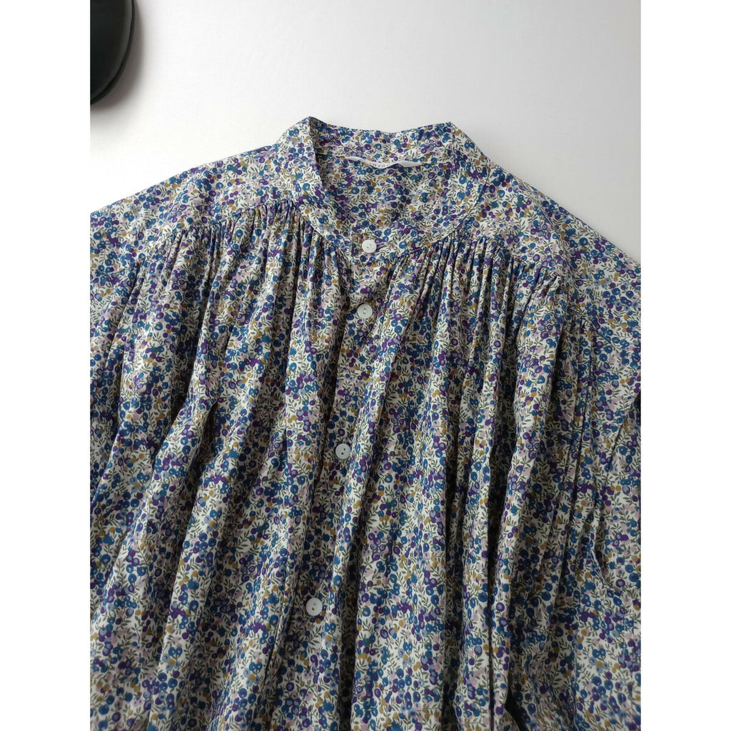24SS TOUJOURSトゥジューPleated Sleeveless Long Shirtリバティベリーフラワー花柄 コットンシャツスリーブレス ブラウスギャザー2ブルー【中古】