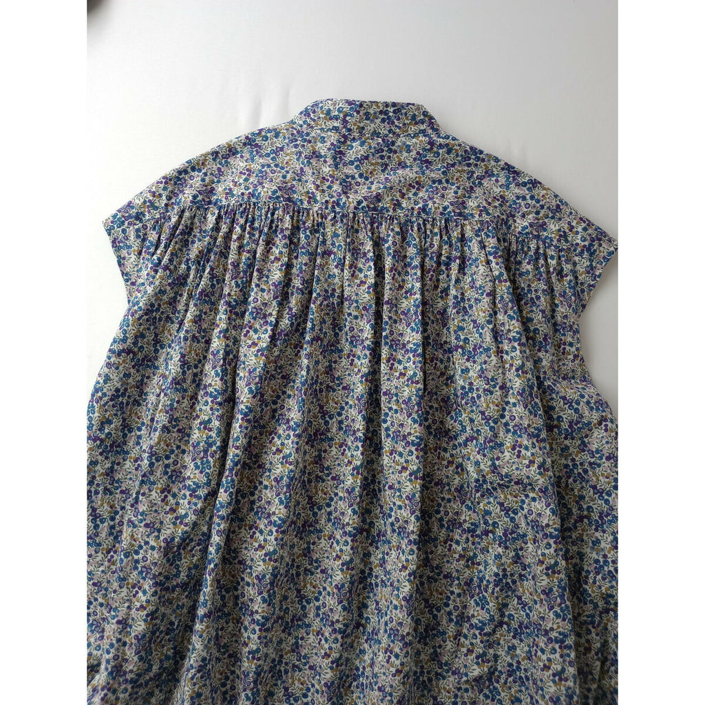24SS TOUJOURSトゥジューPleated Sleeveless Long Shirtリバティベリーフラワー花柄 コットンシャツスリーブレス ブラウスギャザー2ブルー【中古】