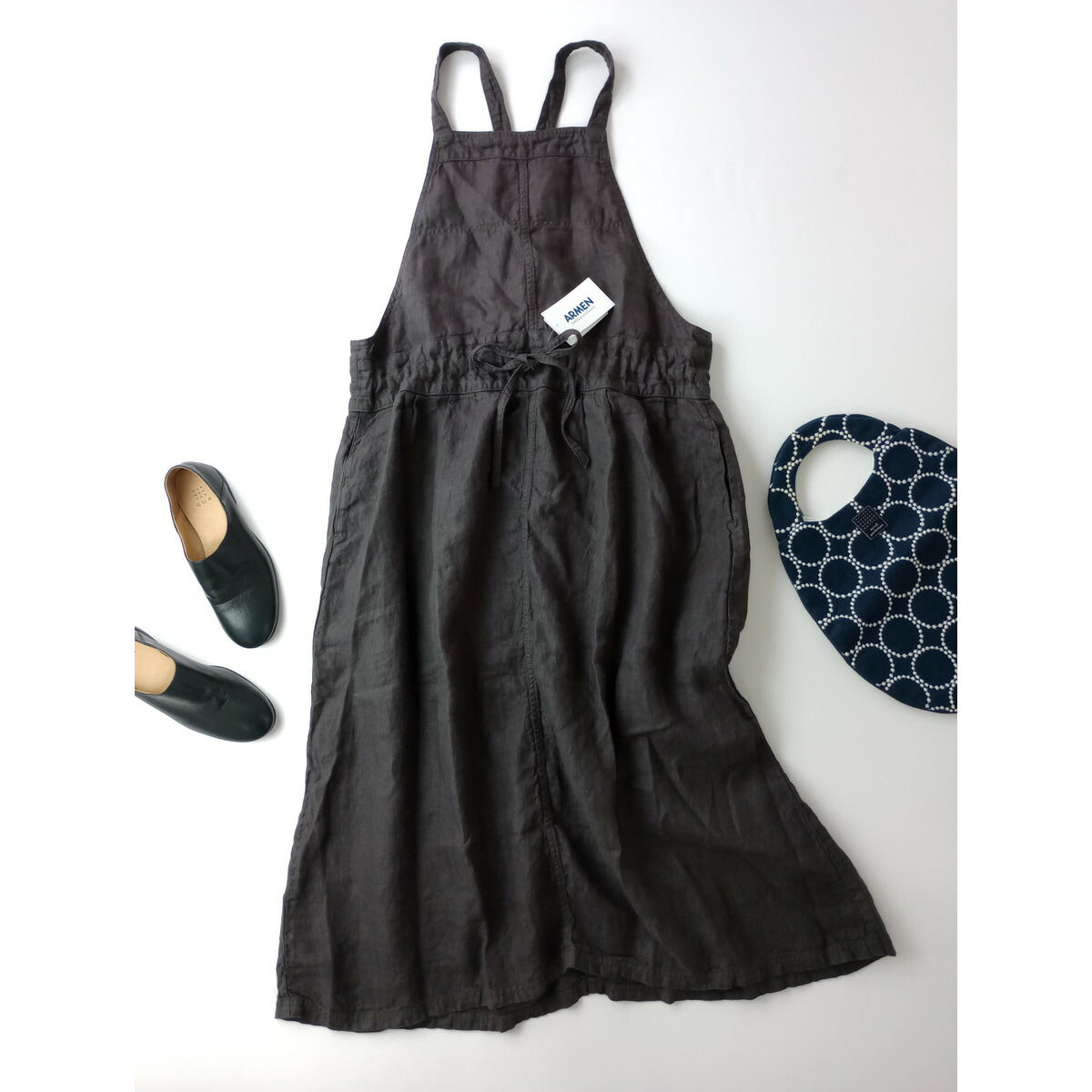 ARMEN アーメン Apron One Piece リネン 麻 100％ ヘリンボーン エプロン ワンピース ジャンパースカート ロング チャコールグレー 0【中古】