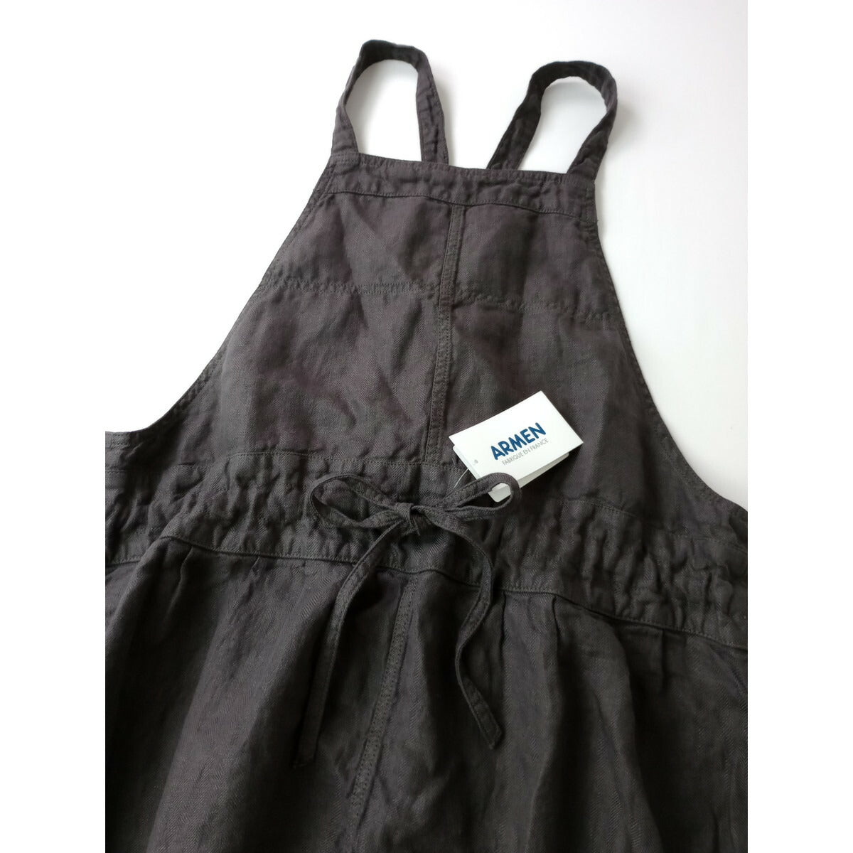 ARMEN アーメン Apron One Piece リネン 麻 100％ ヘリンボーン エプロン ワンピース ジャンパースカート ロング チャコールグレー 0【中古】