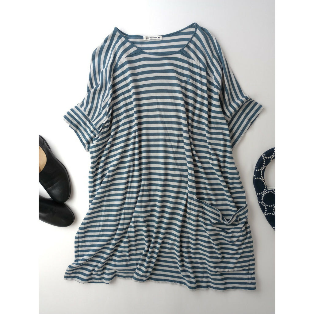 mina perhonen ミナペルホネン ocean border コットン100％　ボーダーカットソー トップス チュニック ブルーグレー【中古】