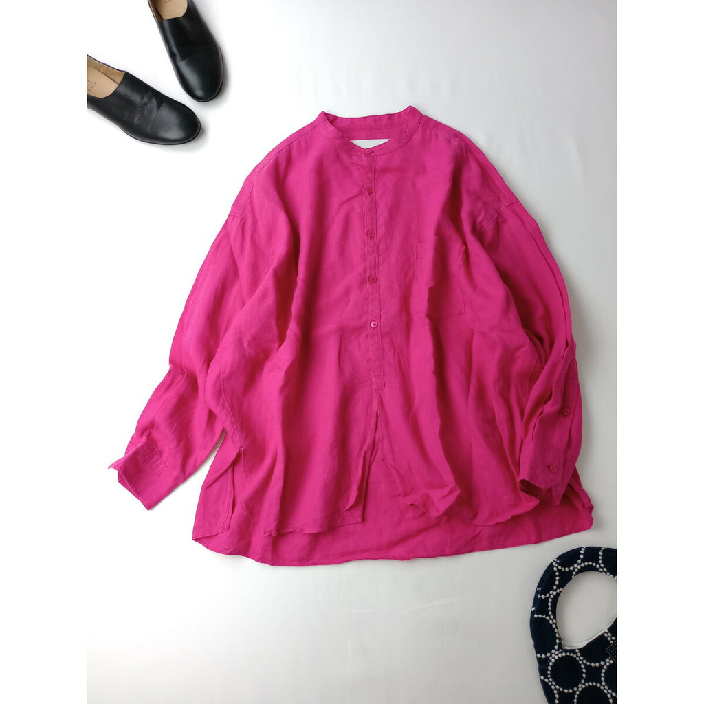 TICCA ティッカ リネン 麻 100％ ノーカラー 長袖 シャツ トップス ピンク F【中古】