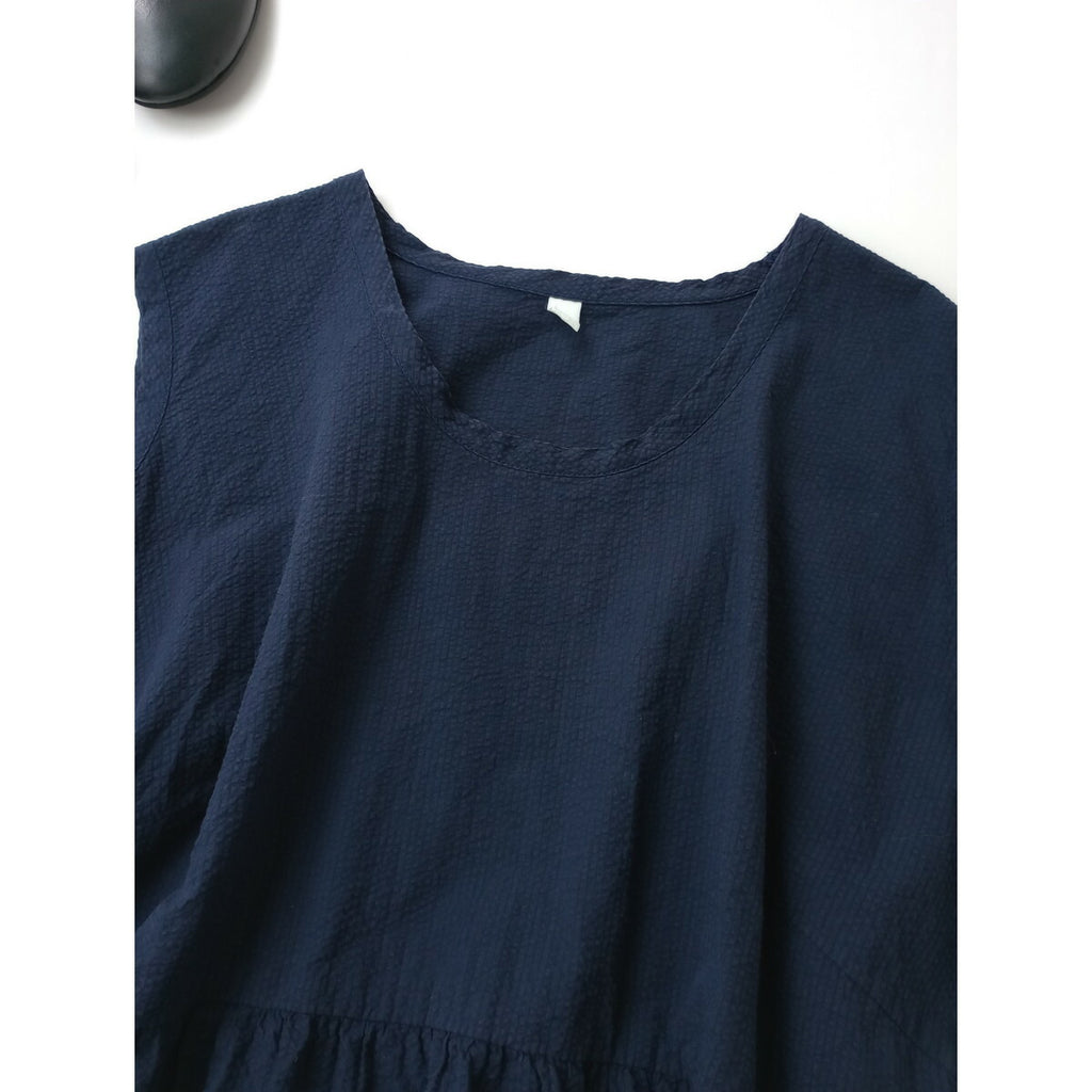 24SS homspun ホームスパン シア サッカー ストライプ　ノースリーブ ブラウス トップス ネイビー【中古】