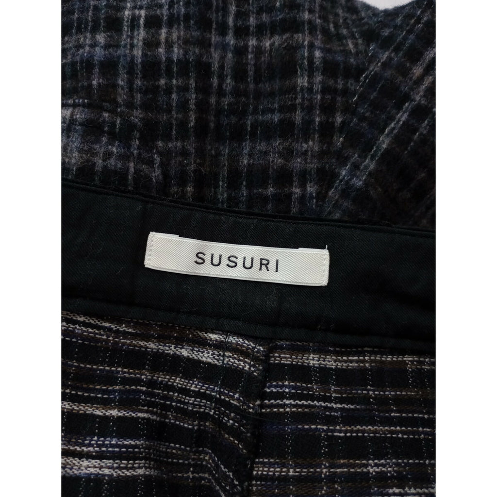 22AW SUSURI ススリ コットン ウール チェック柄 ソワー パンツ 黒 ブラック 0 (25M+0817)【中古】