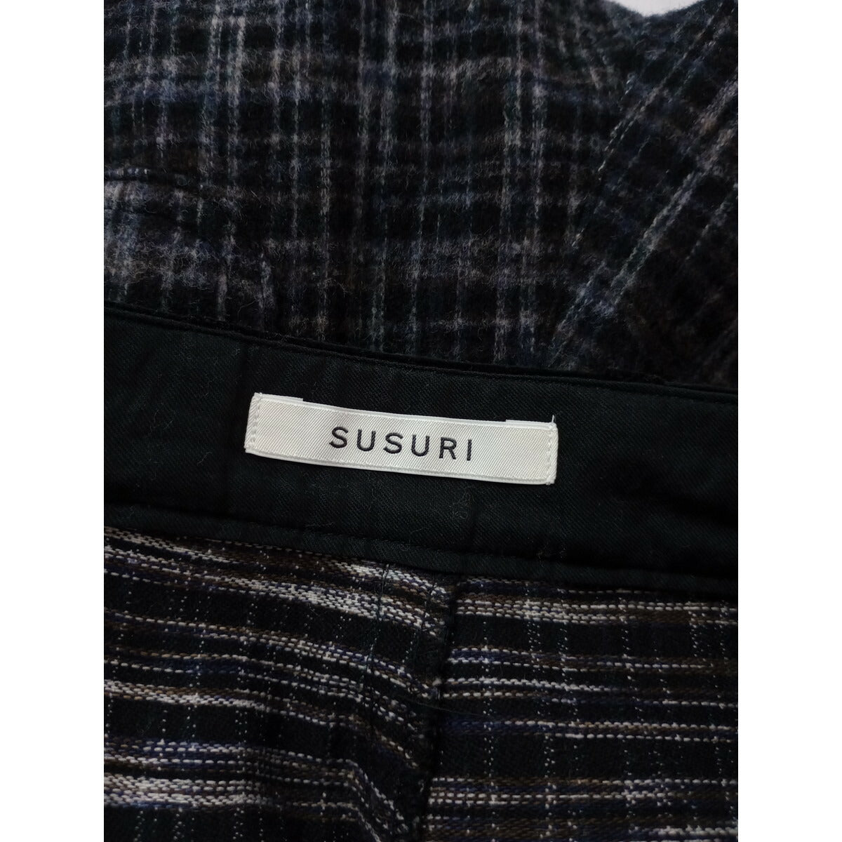 22AW SUSURI ススリ コットン ウール チェック柄 ソワー パンツ 黒 ブラック 0 (25M+0817)【中古】