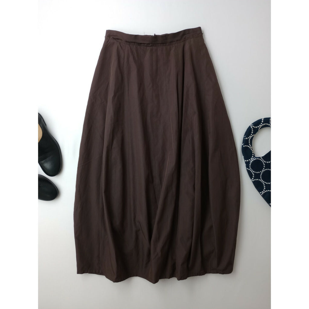 humoresque ユーモレスク random tuck skirts ランダム タック ロング スカート シルク リネン コットン ブラウン 38【中古】