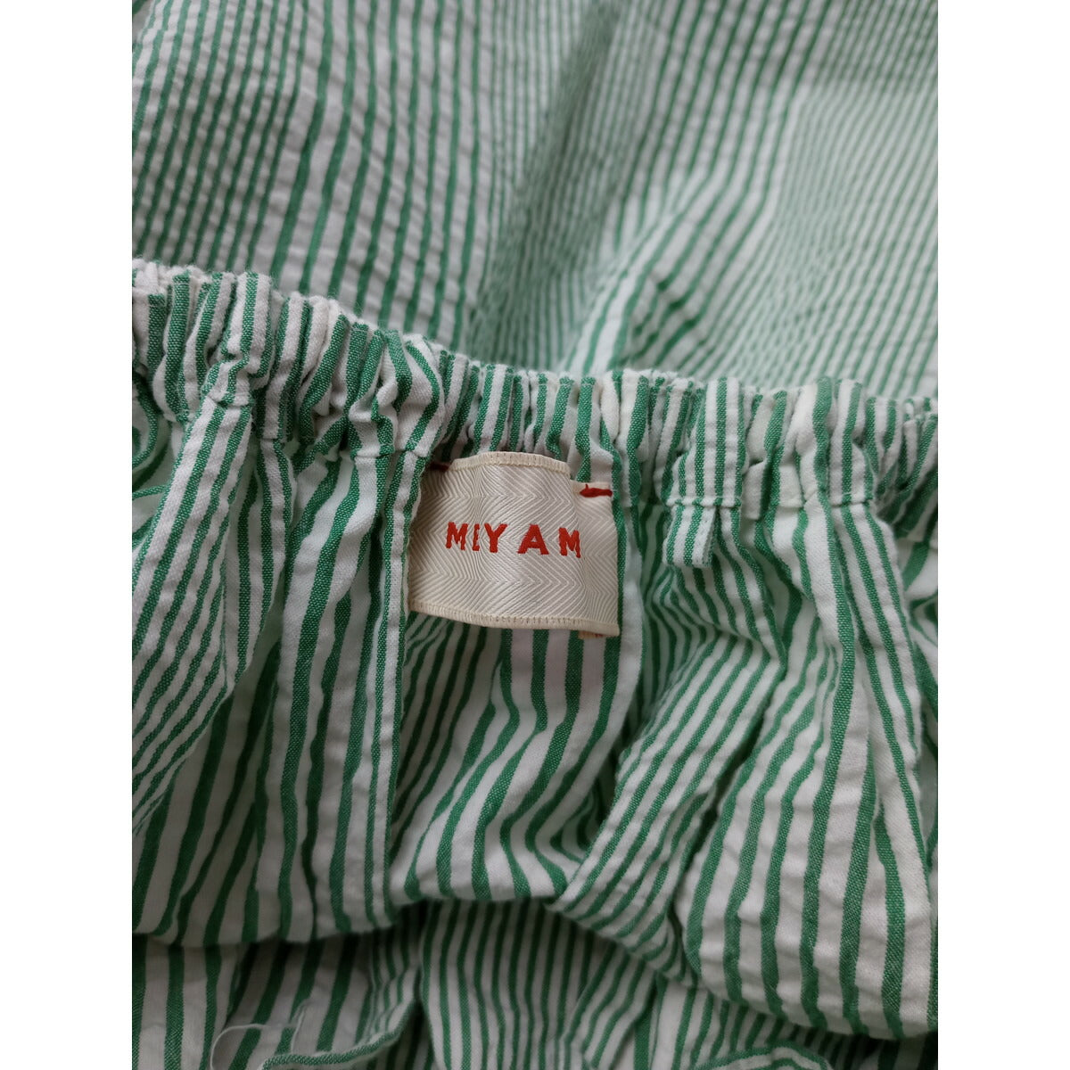 MEYAME メヤメ STRIPED LONG SKIRT シア サッカー ストライプ ドロング スカート グリーン F【中古】