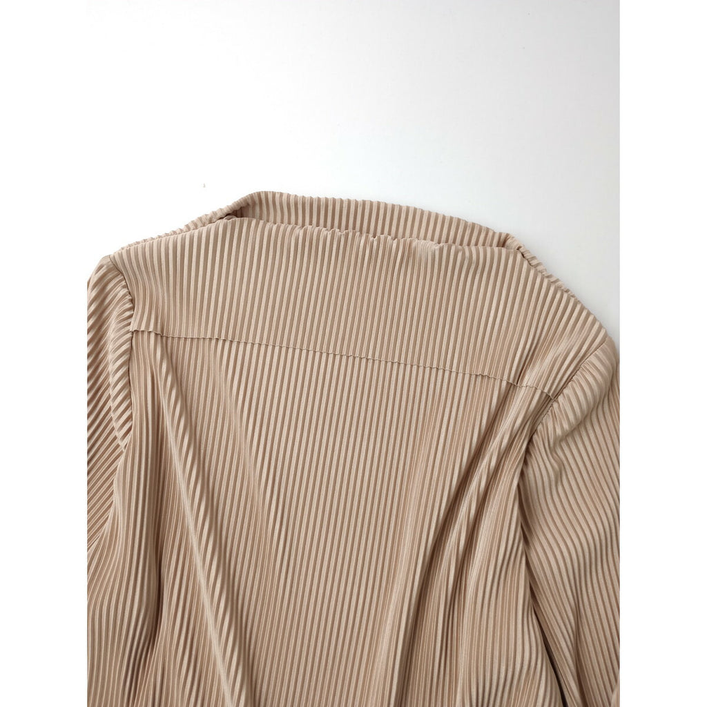 Jens イェンス プリーツ ロング 長袖 深スリット ワンピース ゴールド ベージュ【中古】