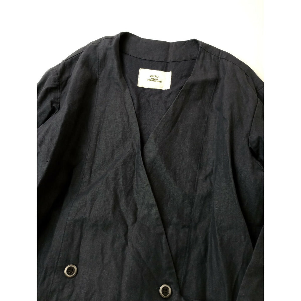 OUTIL ウティ リネン100％ ノーカラー ダブルボタン ロング コート ネイビー 0【中古】