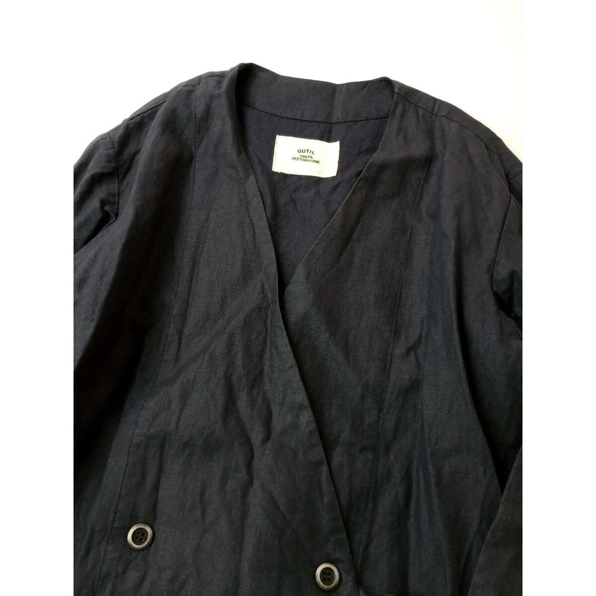 OUTIL ウティ リネン100％ ノーカラー ダブルボタン ロング コート ネイビー 0【中古】