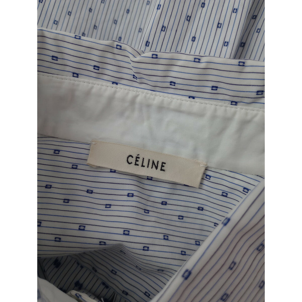 CELINE セリーヌ オーバーサイズ プルオーバー シャツ トップス 長袖 ドット柄 ストライプ ブルー 白【中古】