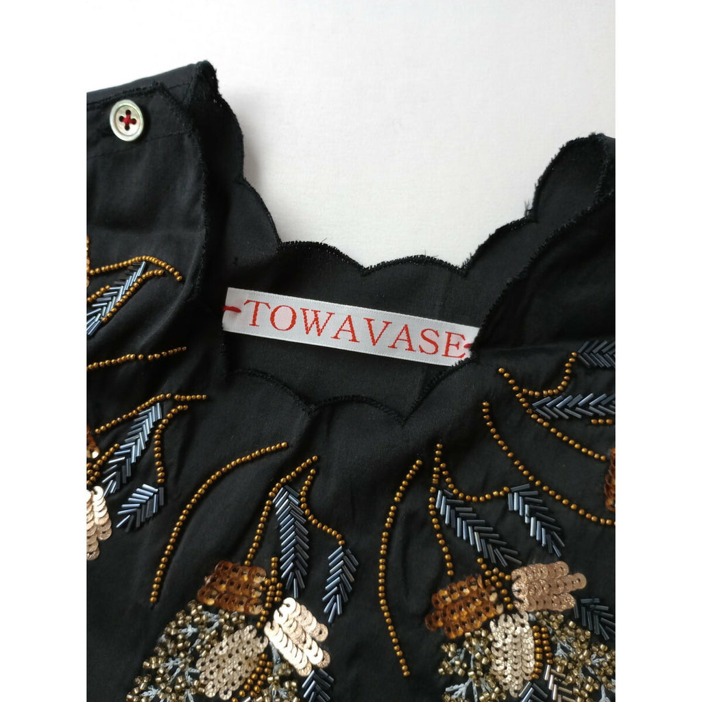24AW TOWAVASE トワヴァーズ manon tablier マノン タブリエ シルク 絹 100% ロング ワンピース ビーズ 黒 ブラック【中古】